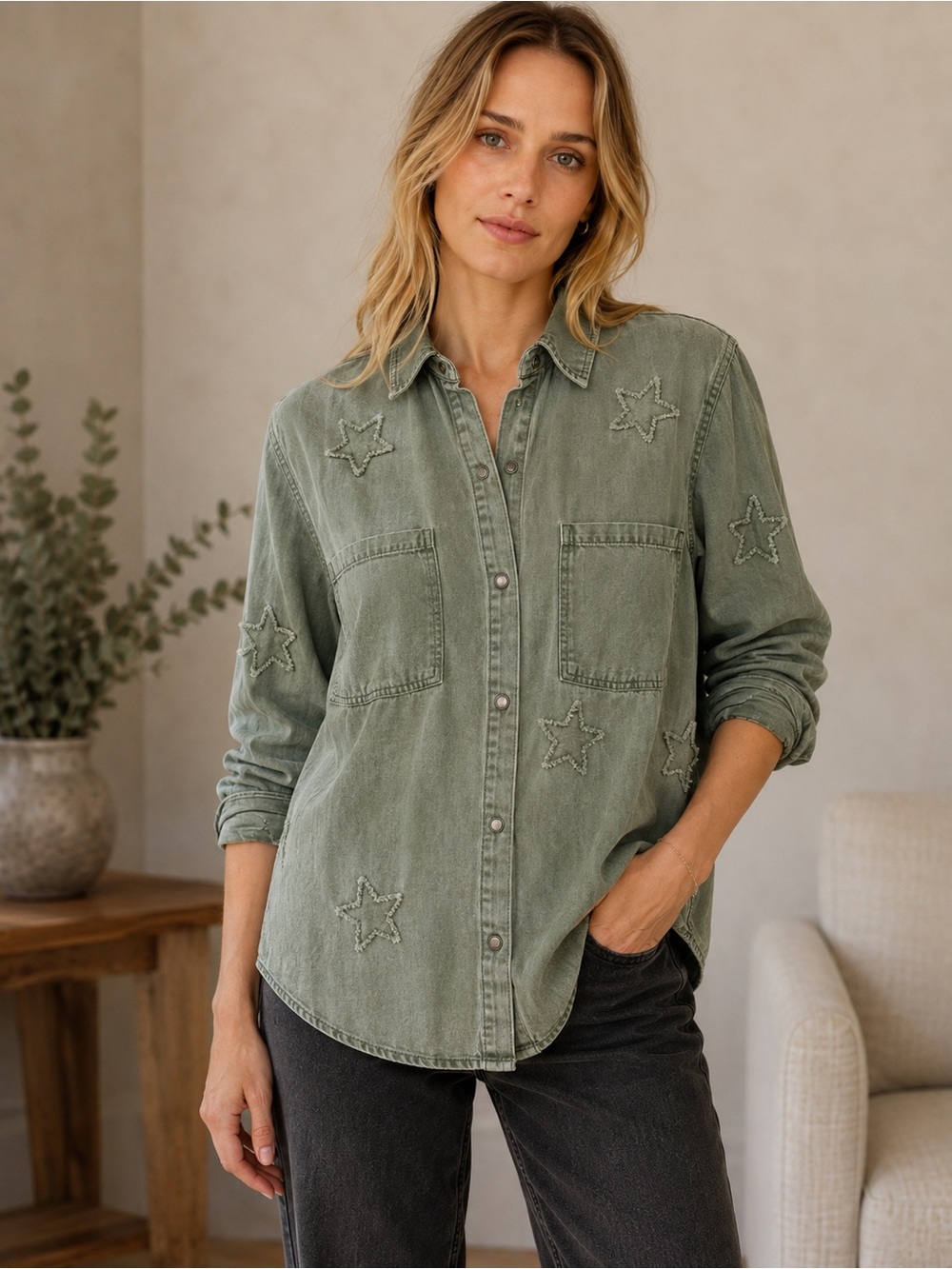Rails Marcel Sage Star Embroidered Utility Shirt M Tencel Linen Snap Front